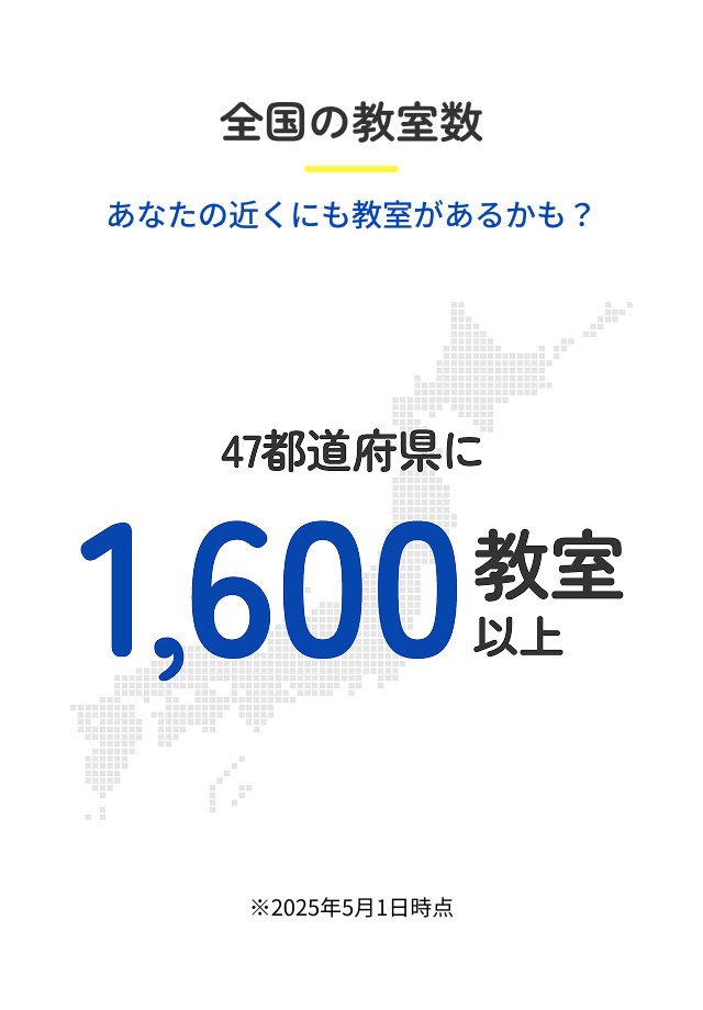 全国の教室数に関する情報。47都道府県に1,600教室以上が存在。2025年5月1日時点のデータ。